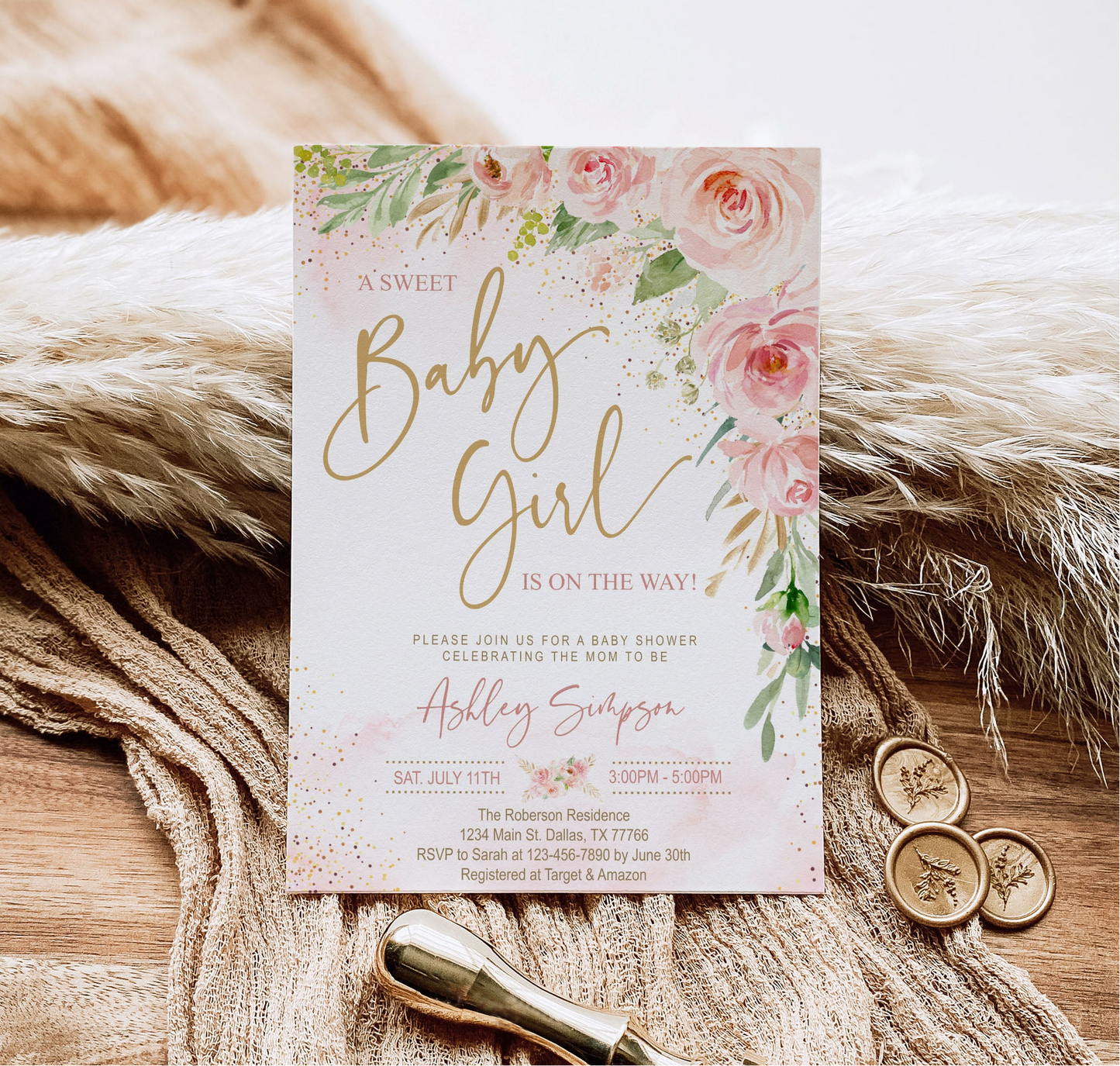 Blush Pink Baby Shower Invitation Girl | Pink Floral Sweet Baby Girl | Gold Pink Watercolor | Printable Digital Template | Instant Download