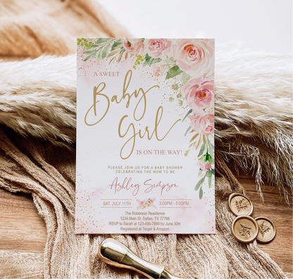 Blush Pink Baby Shower Invitation Girl | Pink Floral Sweet Baby Girl | Gold Pink Watercolor | Printable Digital Template | Instant Download