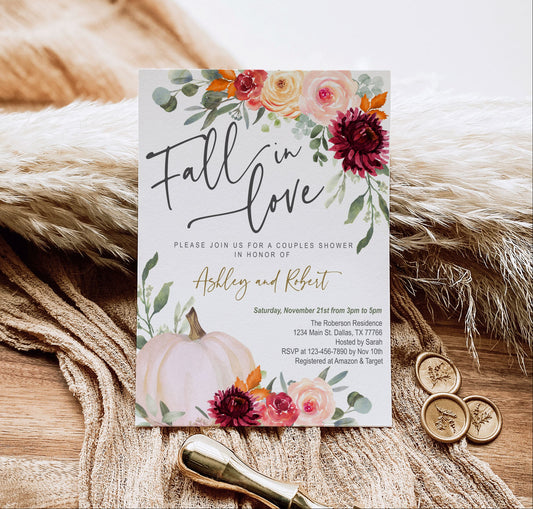 Fall Wedding, Bridal & Couples Shower Stationery | Fall in Love Burgundy Blush Pink Pumpkin Floral | Editable Corjl