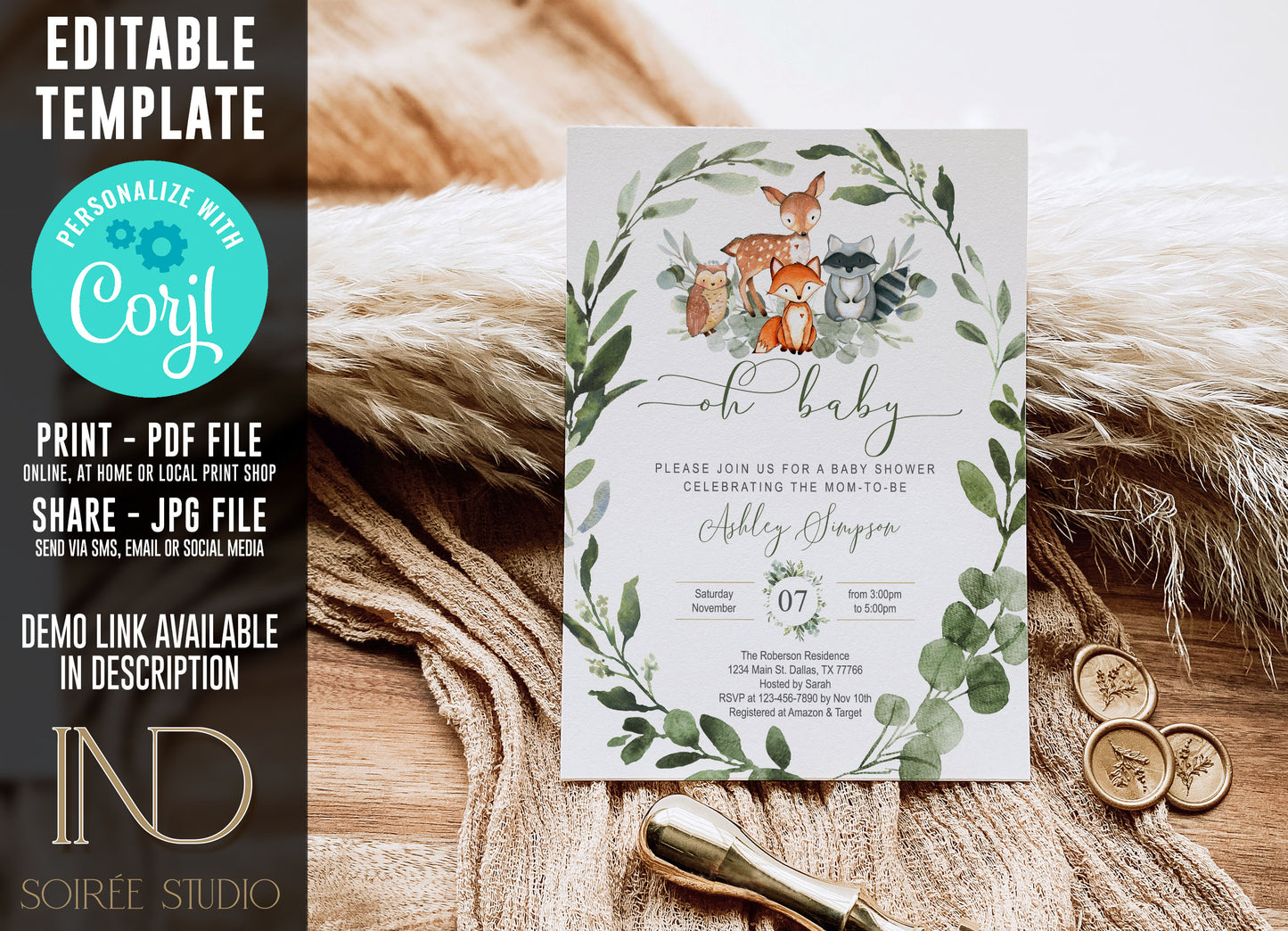 Woodland Baby Shower Invitation & Party Bundle | Editable Corjl Template | Instant Download
