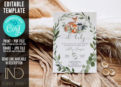Woodland Baby Shower Invitation & Party Bundle | Editable Corjl Template | Instant Download