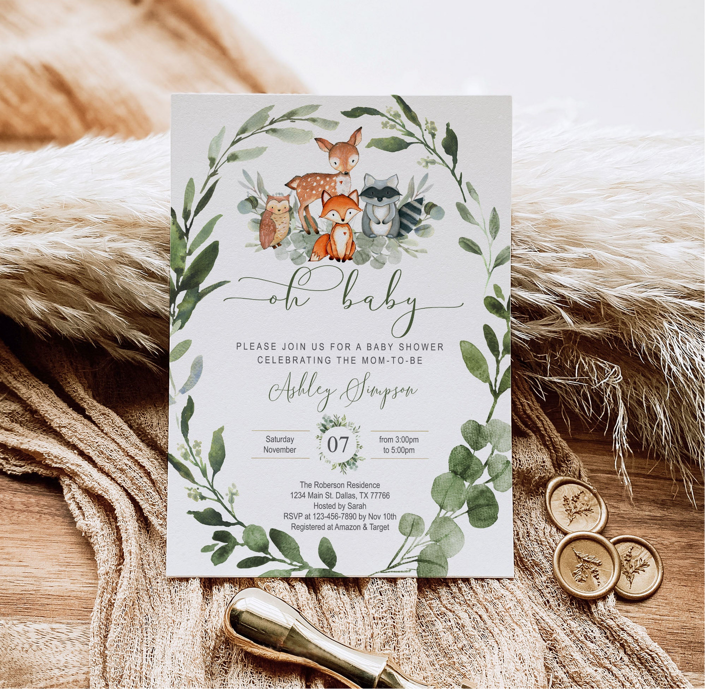 Woodland Baby Shower Invitation & Party Bundle | Editable Corjl Template | Instant Download