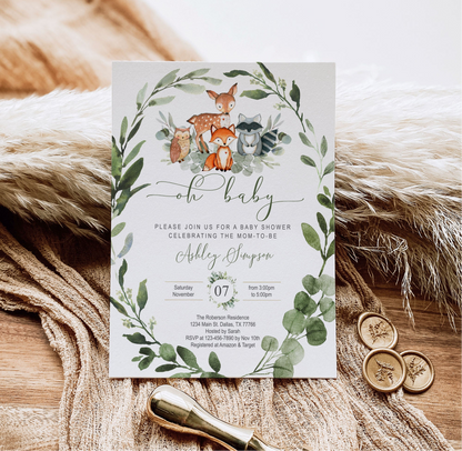 Woodland Baby Shower Invitation & Party Bundle | Editable Corjl Template | Instant Download