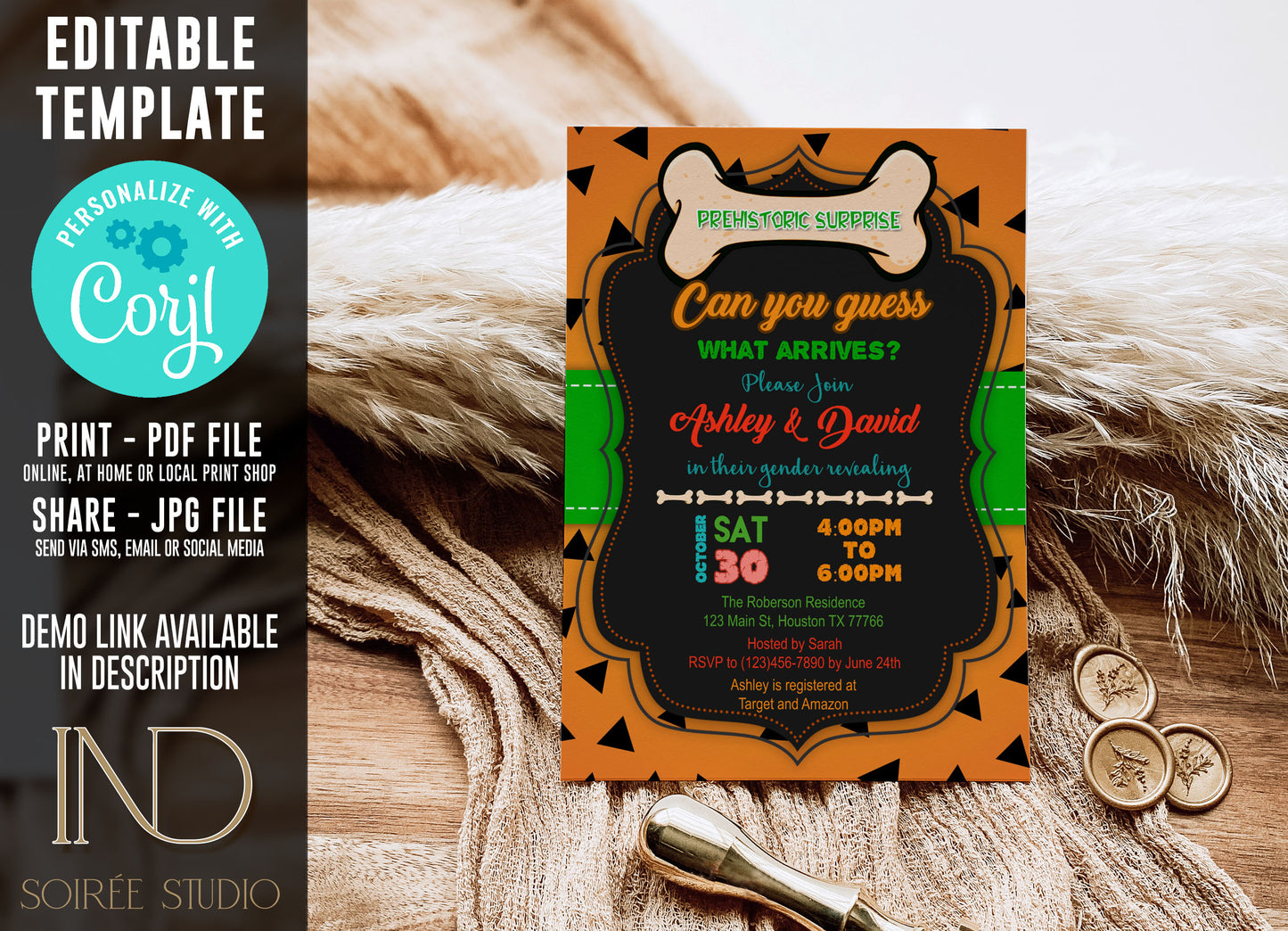 Prehistoric Caveman Gender Reveal Invitation & Party Bundle | Stone Age Editable Printable Corjl Template | Instant Download