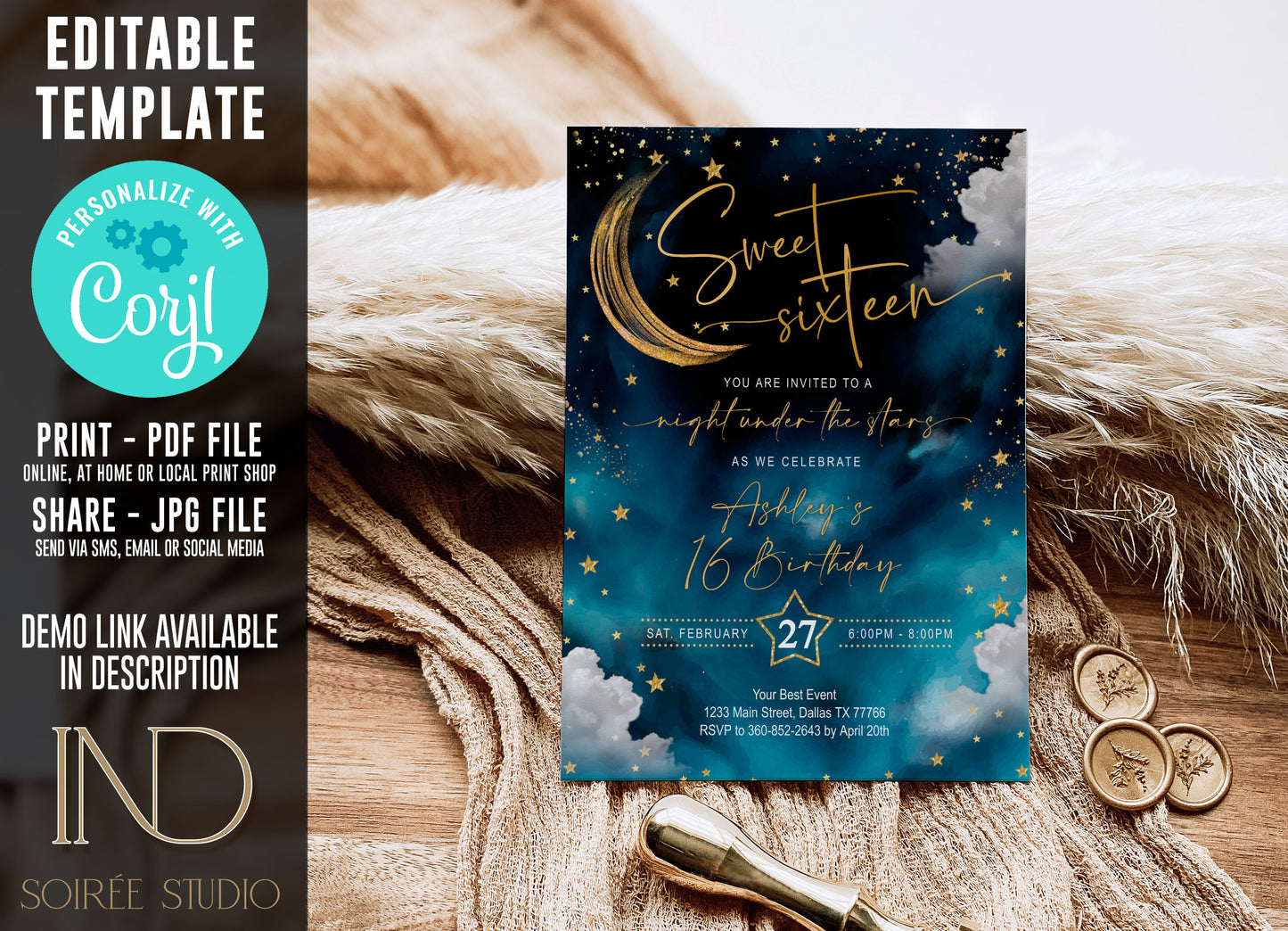 Sweet 16 Invitation & Party Bundle | A Night Under the Stars Theme | Editable Corjl Template | Printable Digital Download
