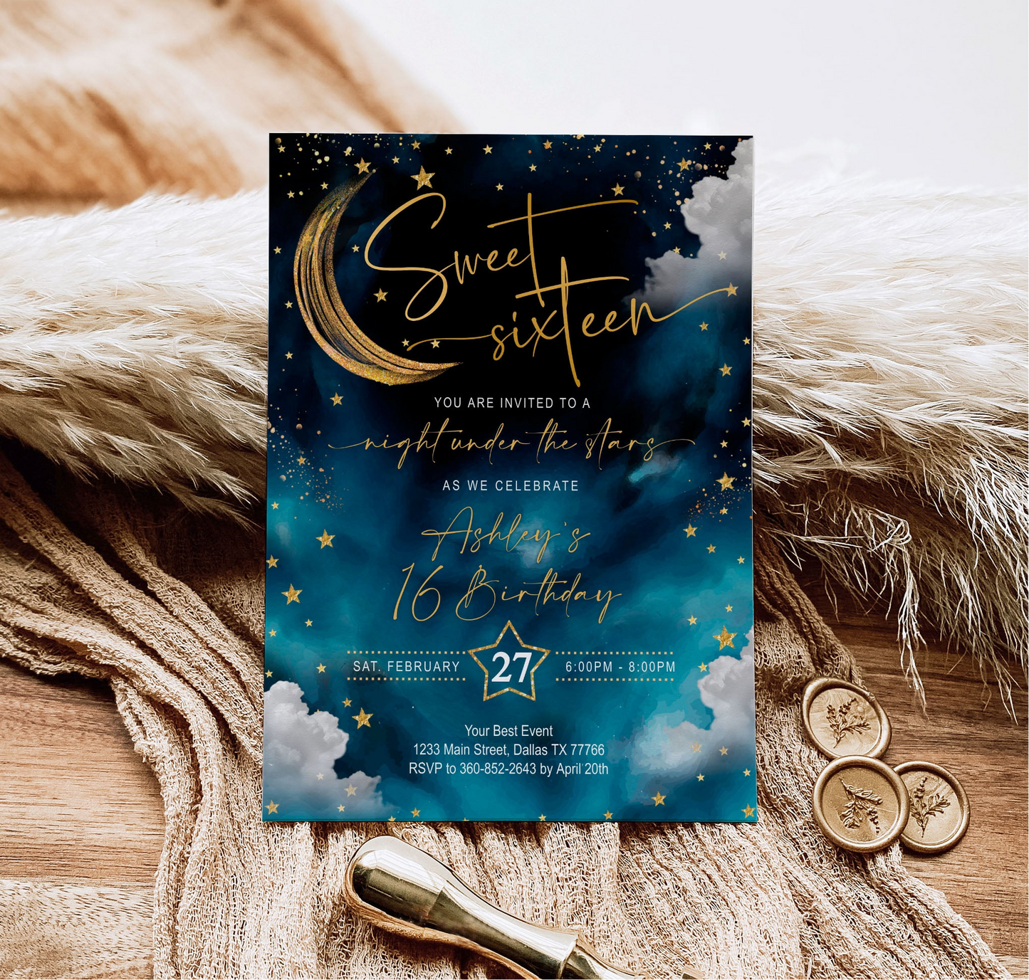 Sweet 16 Invitation & Party Bundle | A Night Under the Stars Theme | Editable Corjl Template | Printable Digital Download