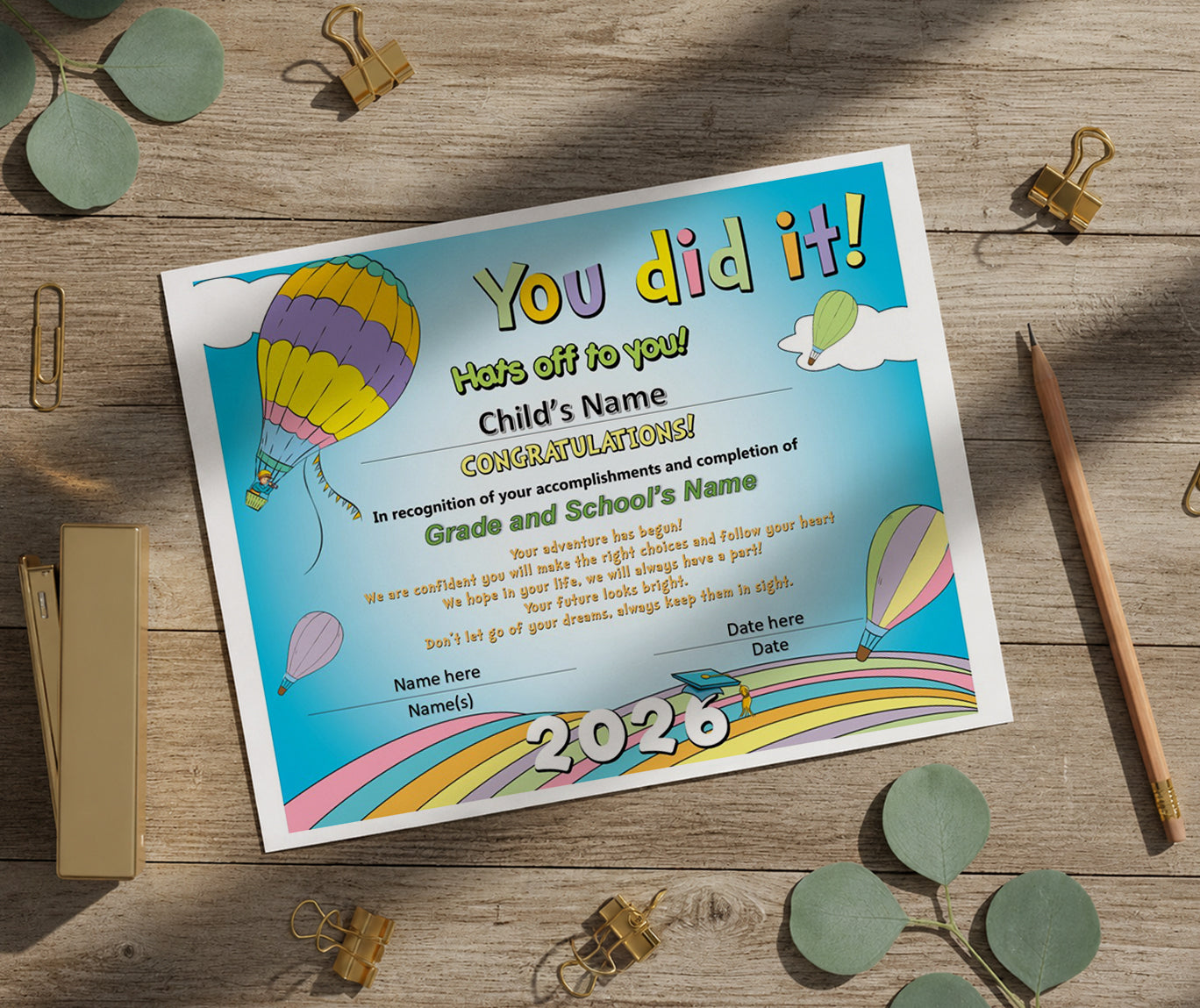 2026 Graduation Certificate Template Printable | Kindergarten Pre-K Diploma | Rainbow Pastel Design | Instant Download