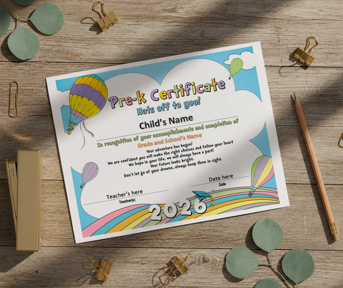 2026 Graduation Certificate Template Printable | Pre-K Diploma | Rainbow Pastel Design | Instant Download