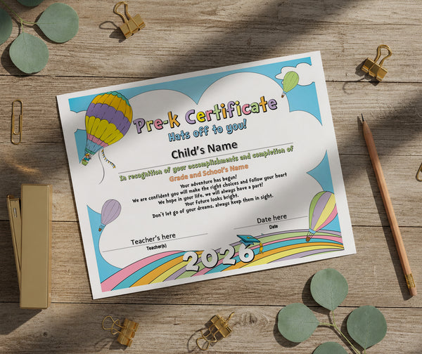 2026 Graduation Certificate Template Printable | Pre-K Diploma | Rainbow Pastel Design | Instant Download