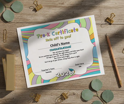 2026 Graduation Certificate Template Printable | Pre-K Diploma | Rainbow Pastel Design | Instant Download