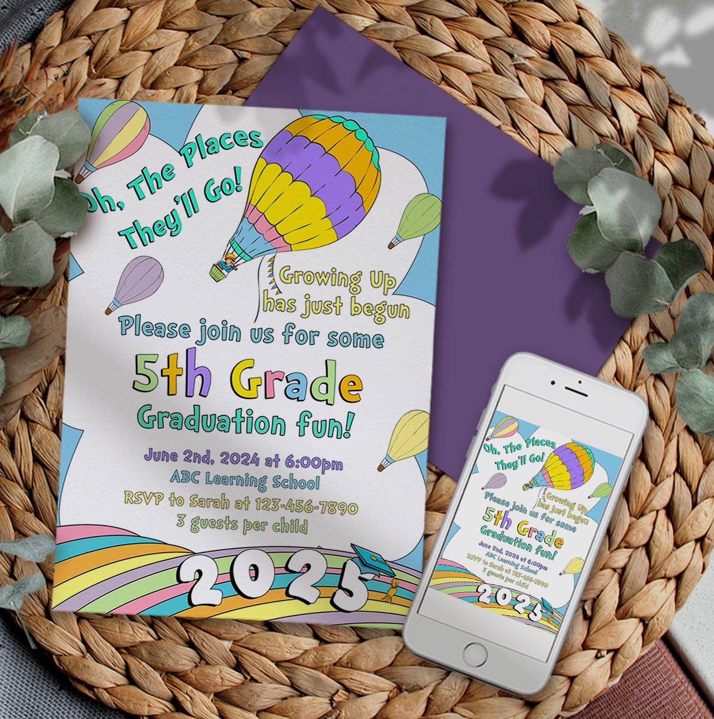 5th Grade Graduation invitation card with colorful balloons on a woven mat, accompanied by a smartphone displaying the same design.