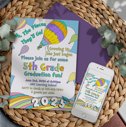 5th Grade Graduation invitation card with colorful balloons on a woven mat, accompanied by a smartphone displaying the same design.