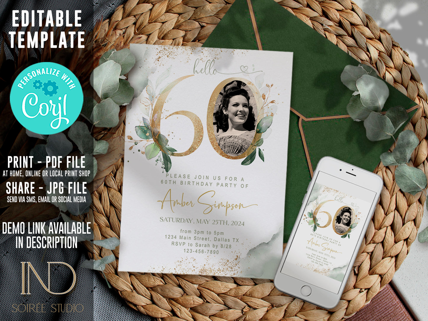 60th Birthday Invitation with Photo | Sage Green Marble Gold Floral Invite | Elegant Dinner Party Template | Editable Printable Instant Download