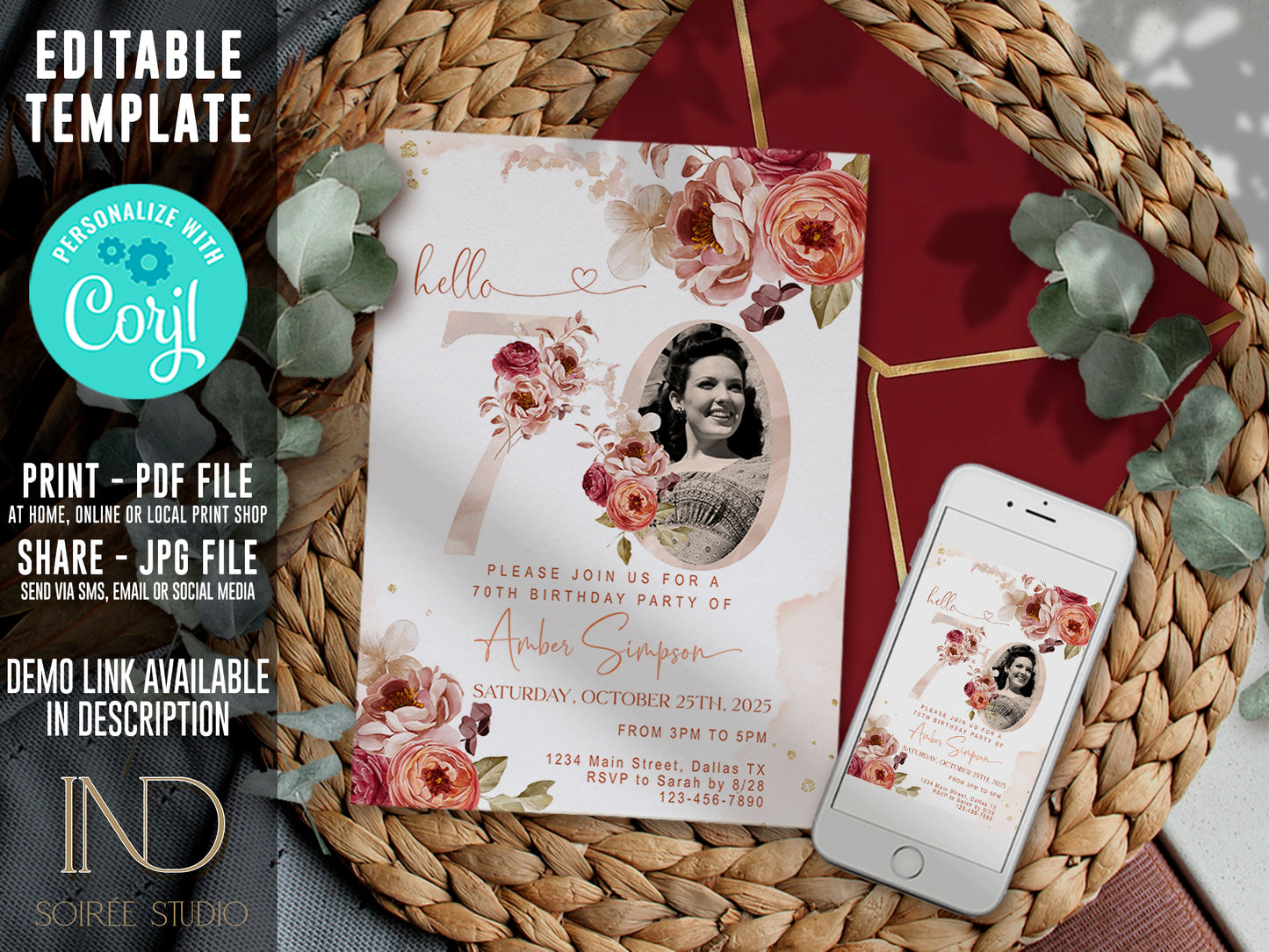70th Birthday Invitation Women Photo Template | Fall Autumn Burgundy Burnt Orange Floral Invite | Editable Printable Dinner Party Invite