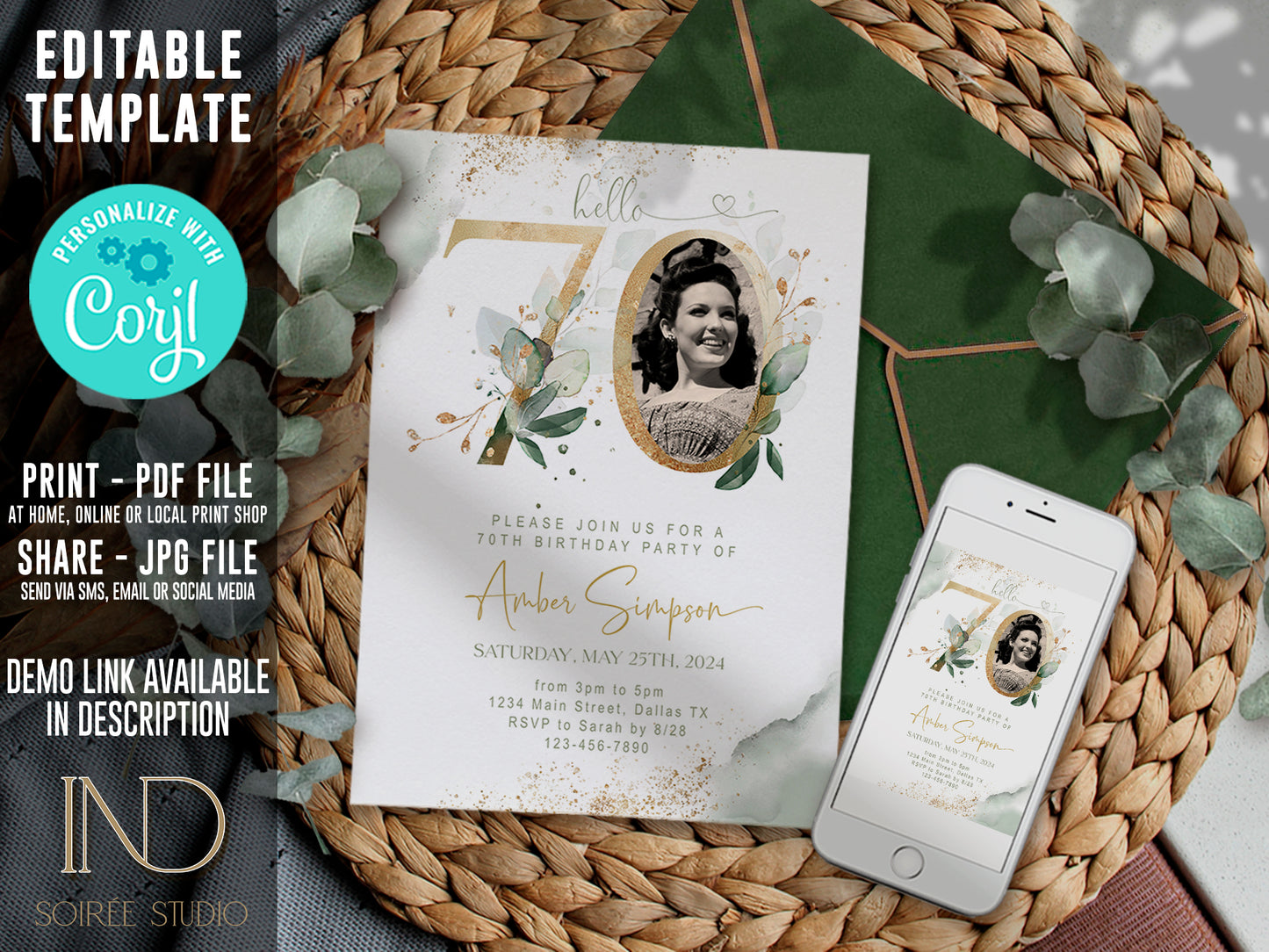 70th Birthday Invitation with Photo | Sage Green Marble Gold Floral Invite | Elegant Dinner Party Template | Editable Printable Instant Download