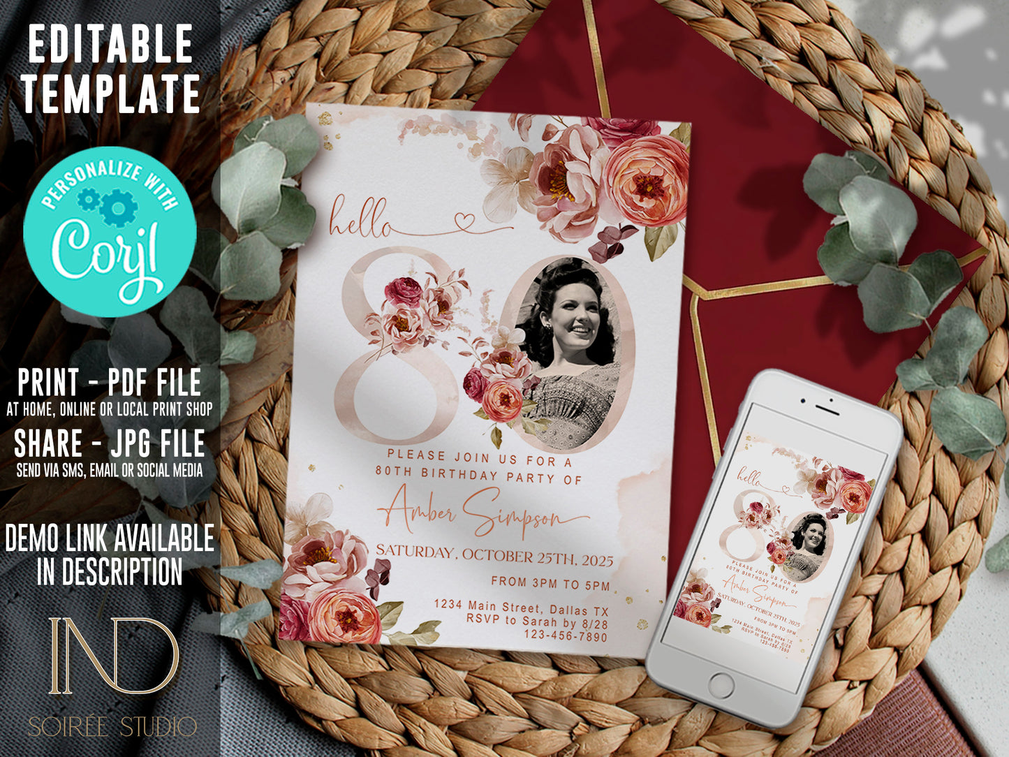 80th Birthday Invitation Women Photo Template | Fall Autumn Burgundy Burnt Orange Floral Invite | Editable Printable Dinner Party Invite