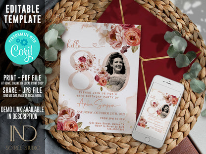 80th Birthday Invitation Women Photo Template | Fall Autumn Burgundy Burnt Orange Floral Invite | Editable Printable Dinner Party Invite