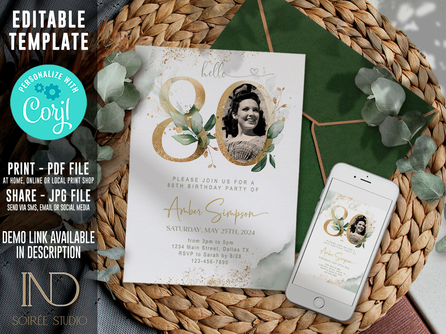 80th Birthday Invitation with Photo | Sage Green Marble Gold Floral Invite | Elegant Dinner Party Template | Editable Printable Instant Download