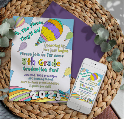 2026 Graduation Invitation | Kindergarten, Pre-K, Preschool, 5th Grade, and 8th Grade Rainbow Pastel Design | Neutral Printable Digital Download (Corjl)