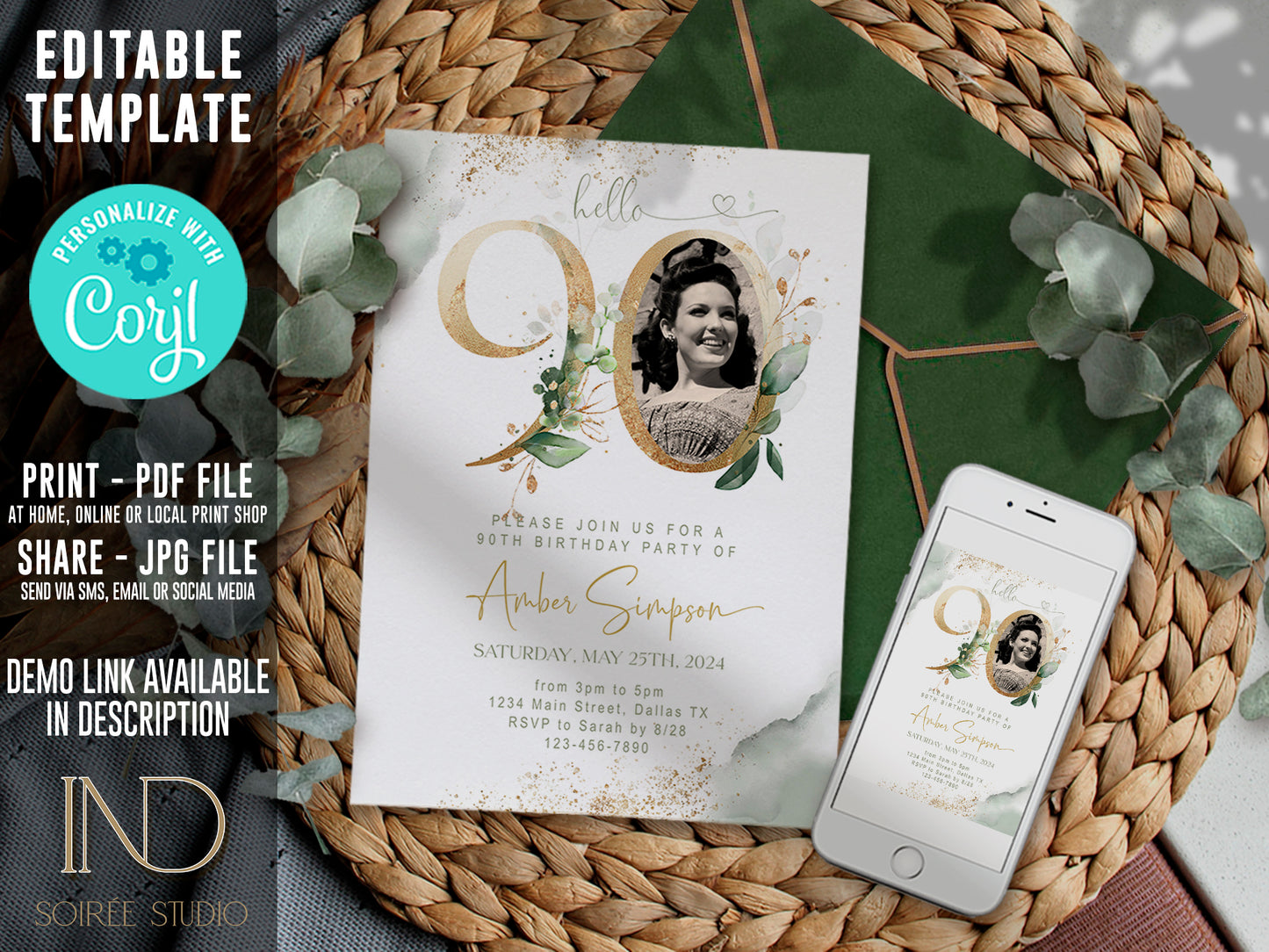 90th Birthday Invitation with Photo | Sage Green Marble Gold Floral Invite | Elegant Dinner Party Template | Editable Printable Instant Download