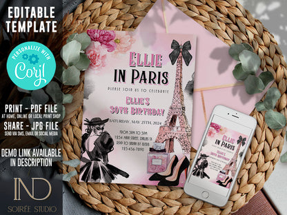 Paris Birthday Invitation | Eiffel Tower Floral “Girl in Paris” Theme | Editable Corjl Template | Printable Digital Download