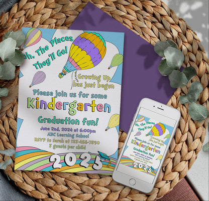 2026 Graduation Invitation | Kindergarten, Pre-K, Preschool, 5th Grade, and 8th Grade Rainbow Pastel Design | Neutral Printable Digital Download (Corjl)