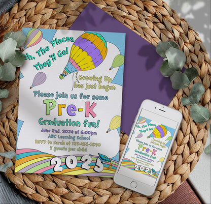 Pre-K graduation invitation with colorful balloons on a woven mat with smartphone display.