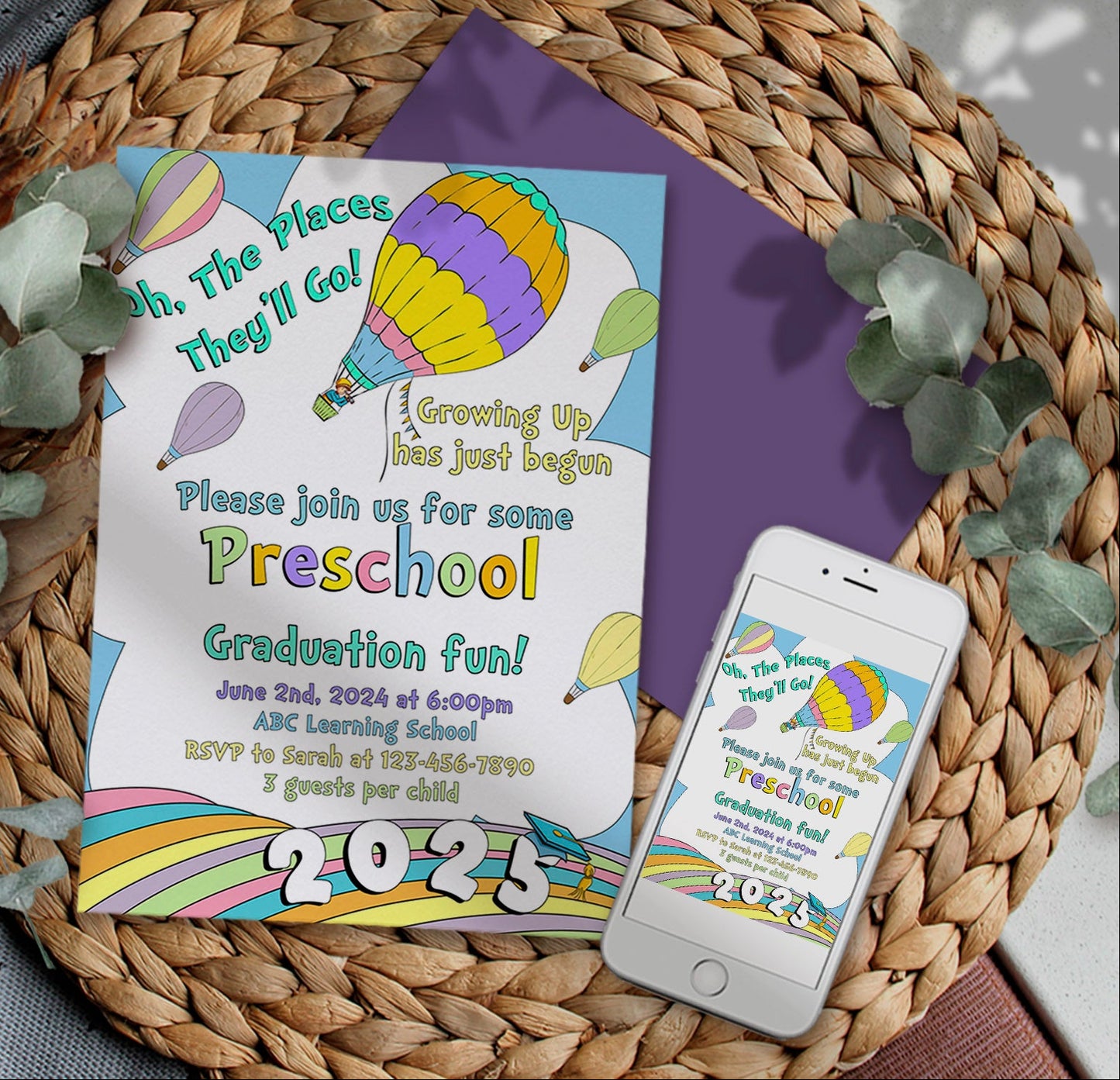 2026 Graduation Invitation | Kindergarten, Pre-K, Preschool, 5th Grade, and 8th Grade Rainbow Pastel Design | Neutral Printable Digital Download (Corjl)