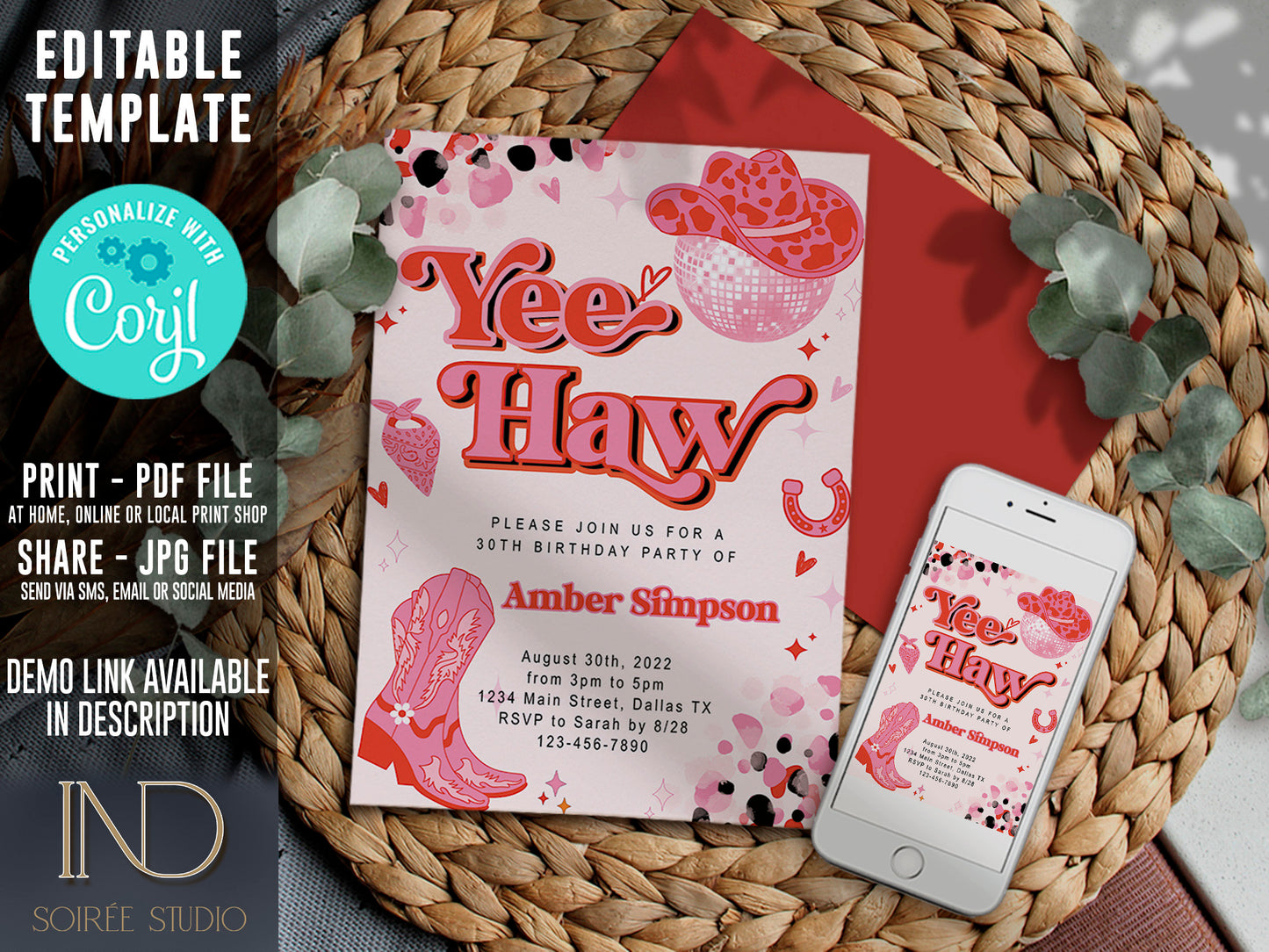 Pink Cowgirl Birthday Invitation | Yee Haw Rodeo Disco Cowgirl Theme | Editable Corjl Template | Printable Digital Download