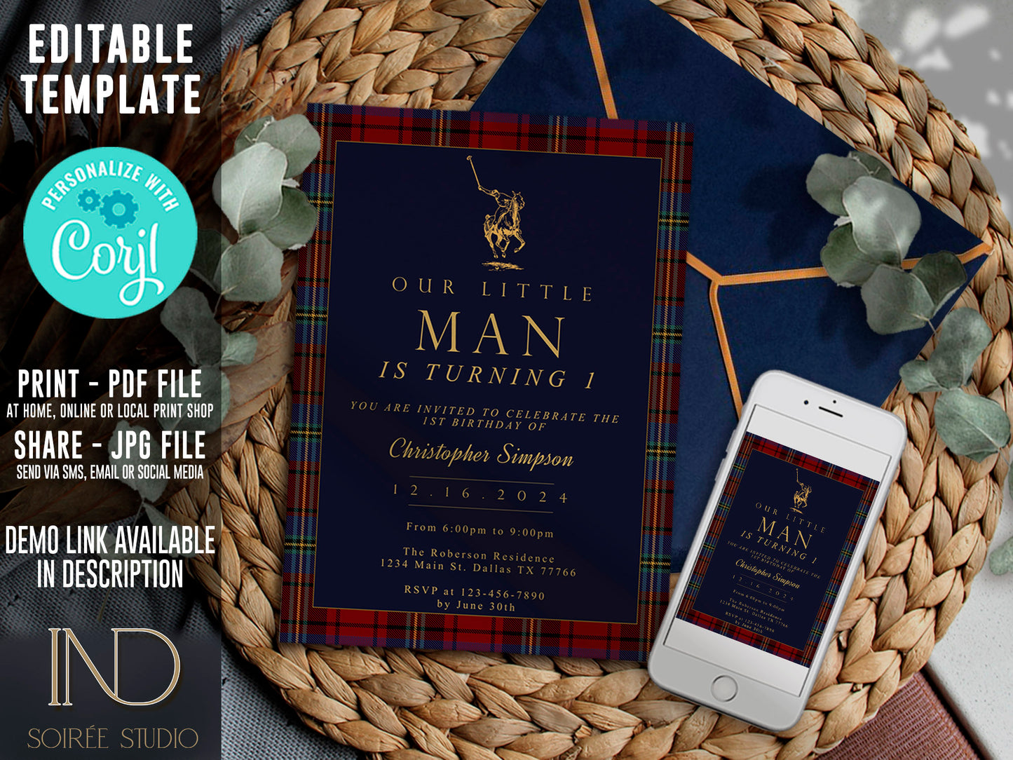 Classic Plaid Tartan Birthday Invitation | Polo Equestrian Winter Theme | Editable Corjl Template | Printable Digital Download