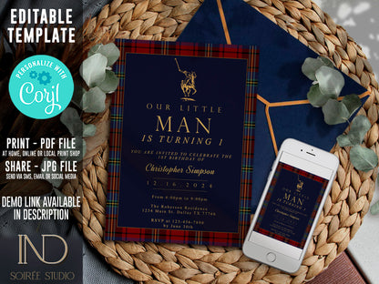 Classic Plaid Tartan Birthday Invitation | Polo Equestrian Winter Theme | Editable Corjl Template | Printable Digital Download
