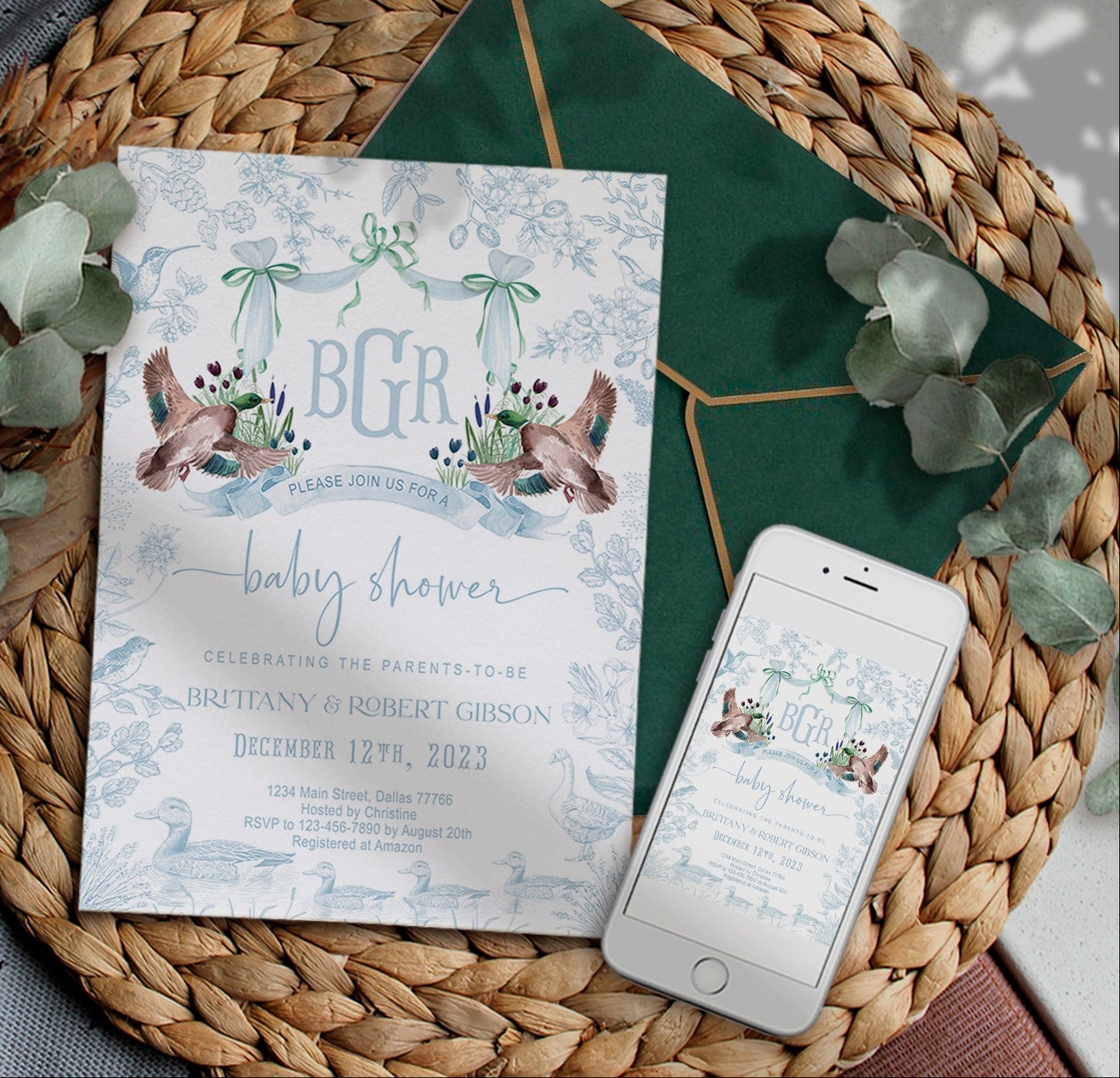Mallard Duck Baby Shower Invitation Set | Light Blue Toile Woodland Gender Neutral Duckling Printable Template