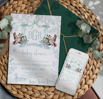 Mallard Duck Baby Shower Invitation Set | Light Blue Toile Woodland Gender Neutral Duckling Printable Template