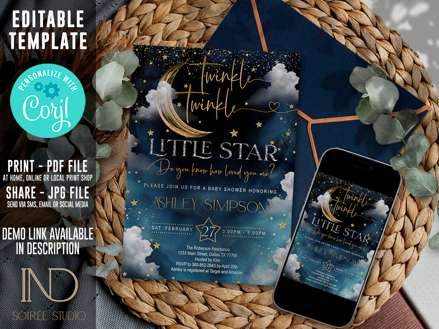 Twinkle Little Star Baby Shower Invitation Editable Template | Neutral Sky & Stars Galaxy Theme | Printable Instant Download