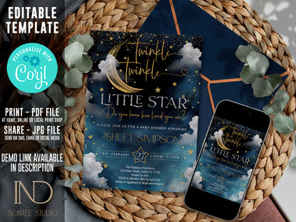 Twinkle Little Star Baby Shower Invitation Editable Template | Neutral Sky & Stars Galaxy Theme | Printable Instant Download