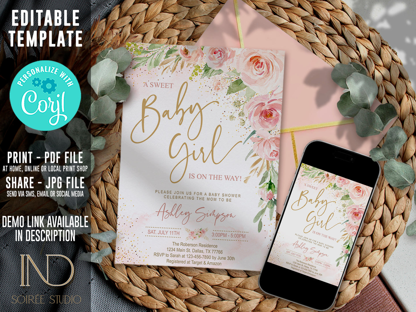 Blush Pink Baby Shower Invitation Girl | Pink Floral Sweet Baby Girl | Gold Pink Watercolor | Printable Digital Template | Instant Download