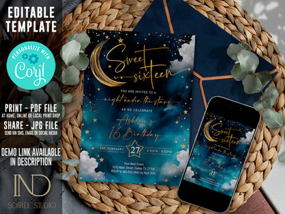 Sweet 16 Invitation & Party Bundle | A Night Under the Stars Theme | Editable Corjl Template | Printable Digital Download