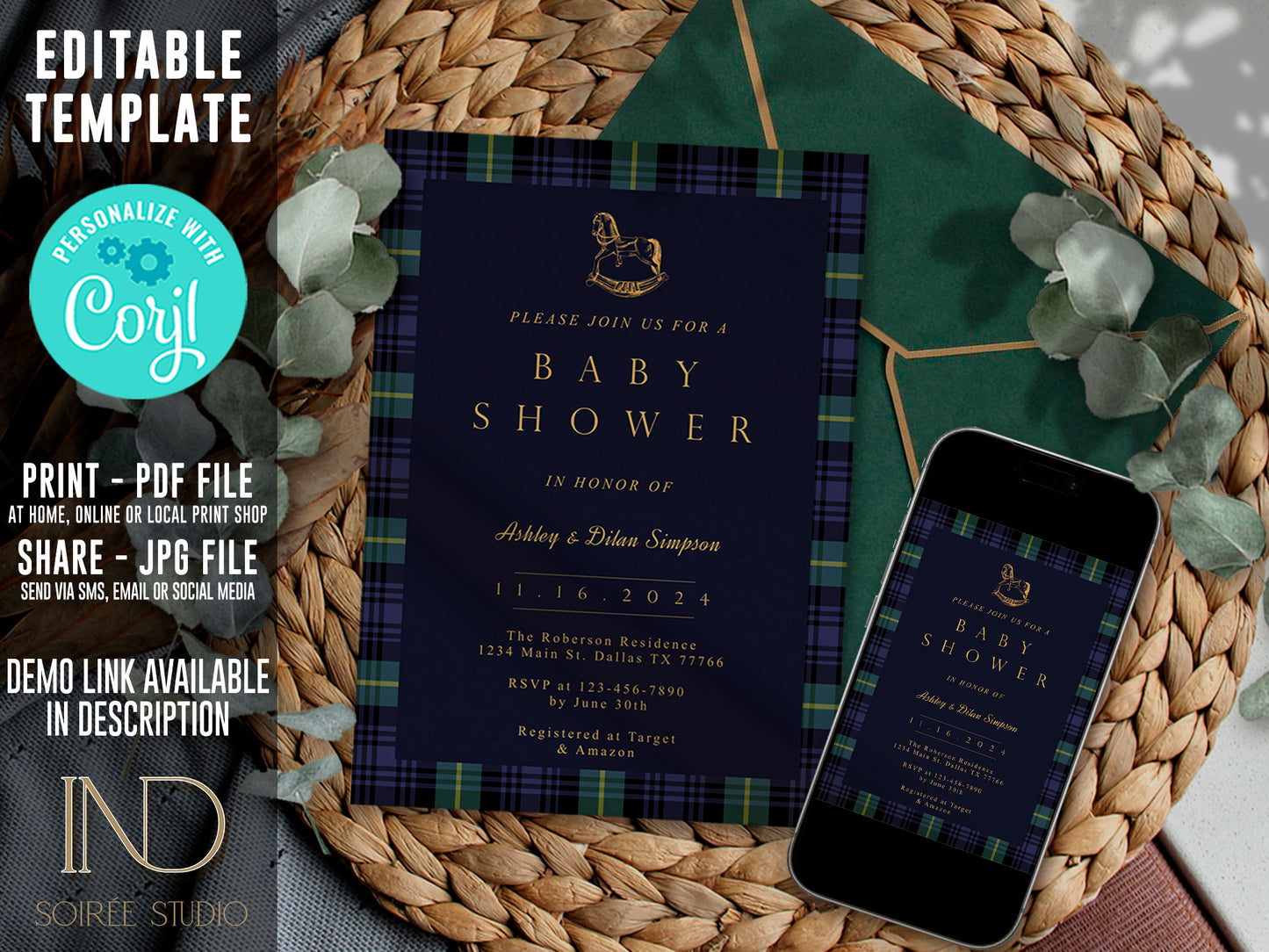 Tartan Plaid Baby Shower Invitation & Bundle | Equestrian Rocking Horse | Navy Green Preppy Winter Baby Sprinkle | Full Set Digital Download