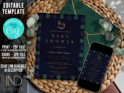 Tartan Plaid Baby Shower Invitation & Bundle | Equestrian Rocking Horse | Navy Green Preppy Winter Baby Sprinkle | Full Set Digital Download