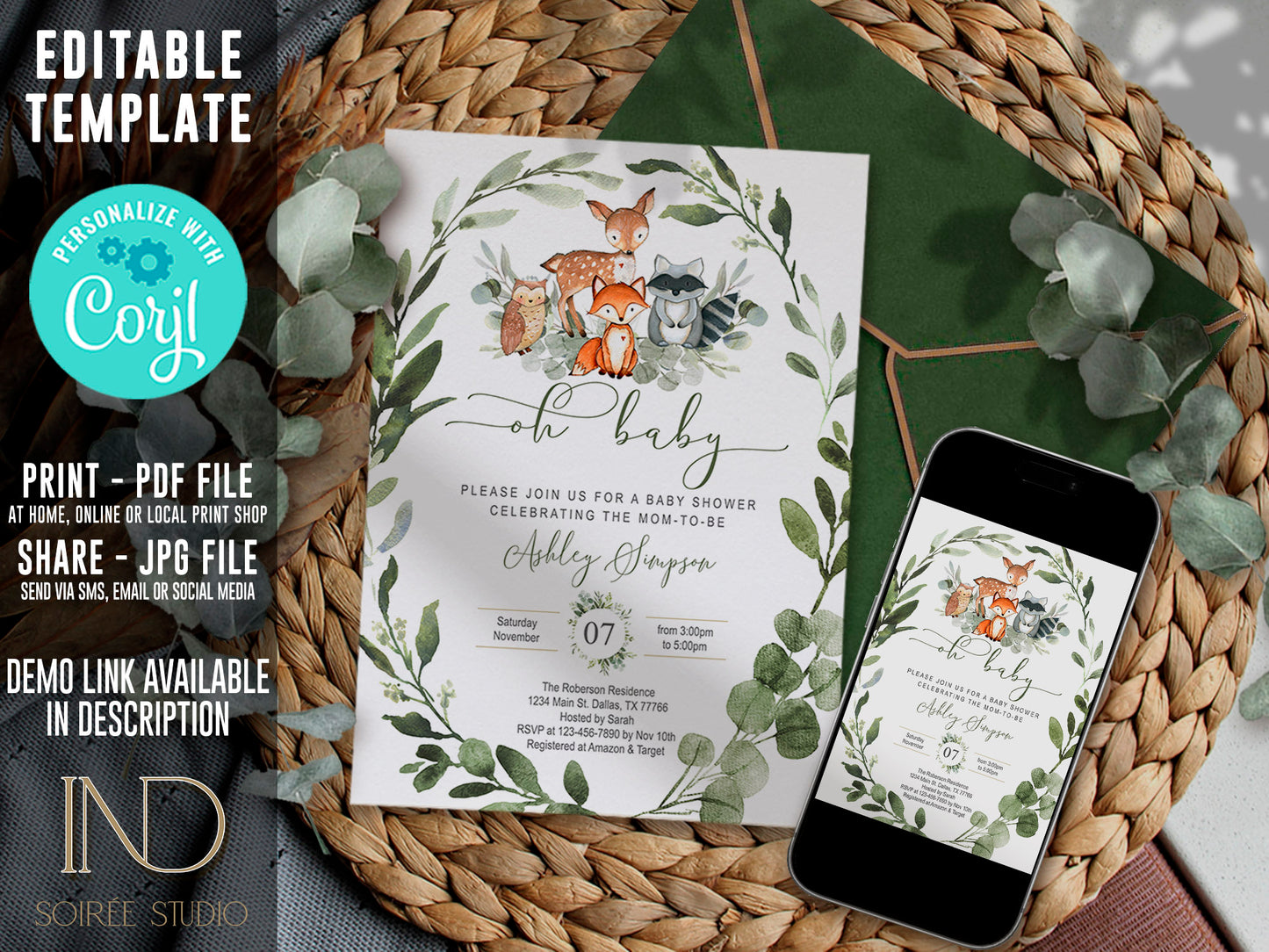 Woodland Baby Shower Invitation & Party Bundle | Editable Corjl Template | Instant Download