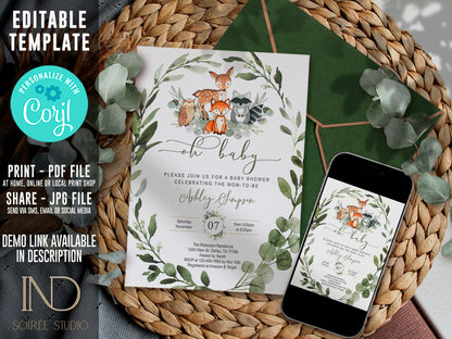 Woodland Baby Shower Invitation & Party Bundle | Editable Corjl Template | Instant Download