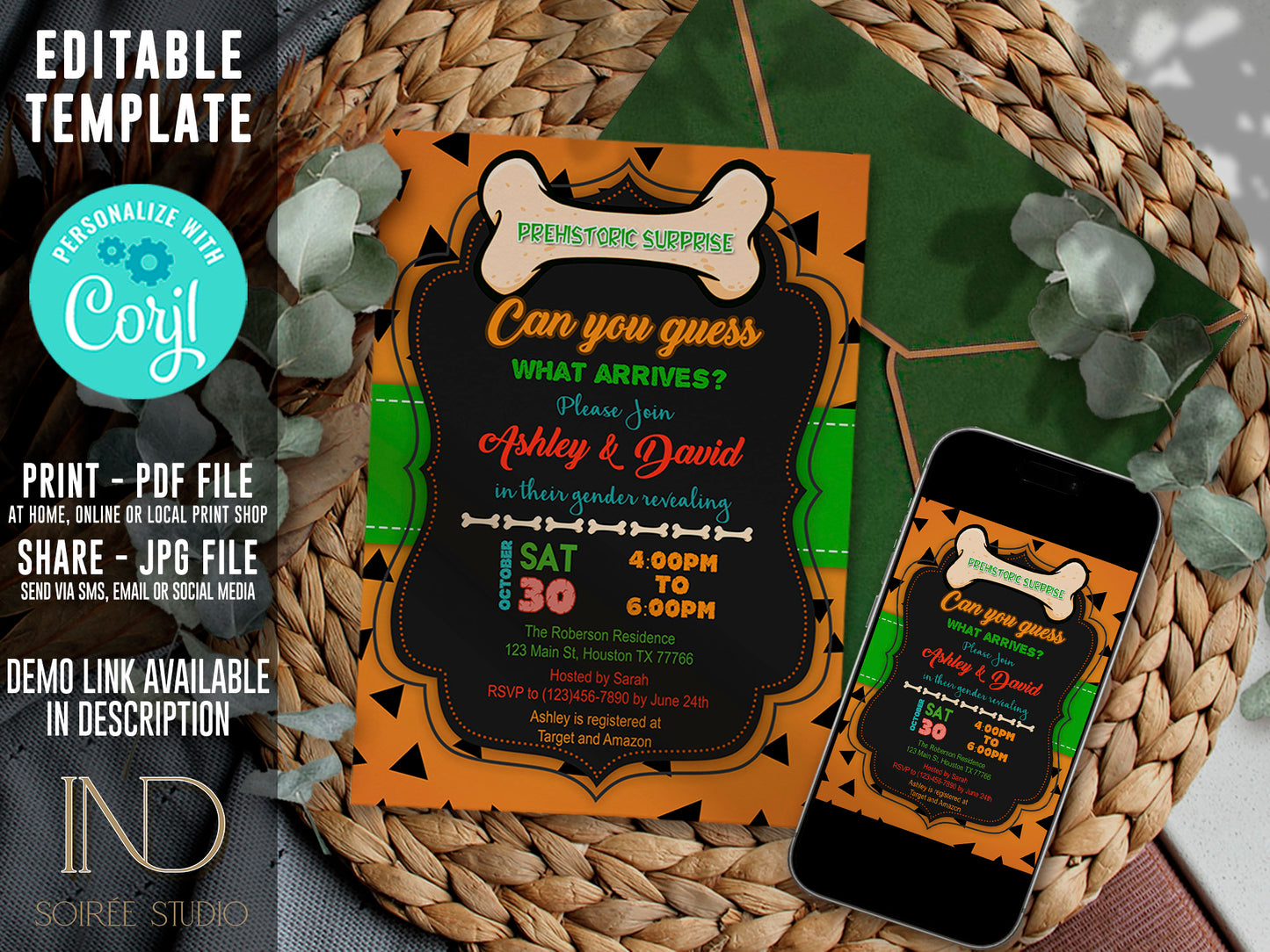 Prehistoric Caveman Gender Reveal Invitation & Party Bundle | Stone Age Editable Printable Corjl Template | Instant Download