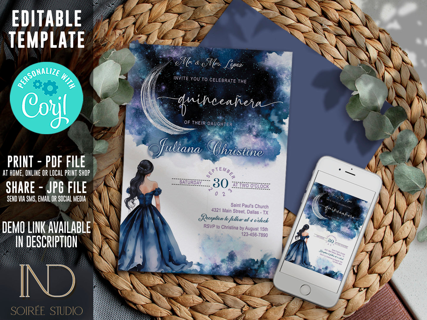 Starry Night Quinceañera Invitation | Navy Silver Celestial Galaxy Theme | Miss Quince 15th Birthday | Editable Corjl Template | Printable Digital Download