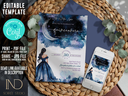 Starry Night Quinceañera Invitation | Navy Silver Celestial Galaxy Theme | Miss Quince 15th Birthday | Editable Corjl Template | Printable Digital Download