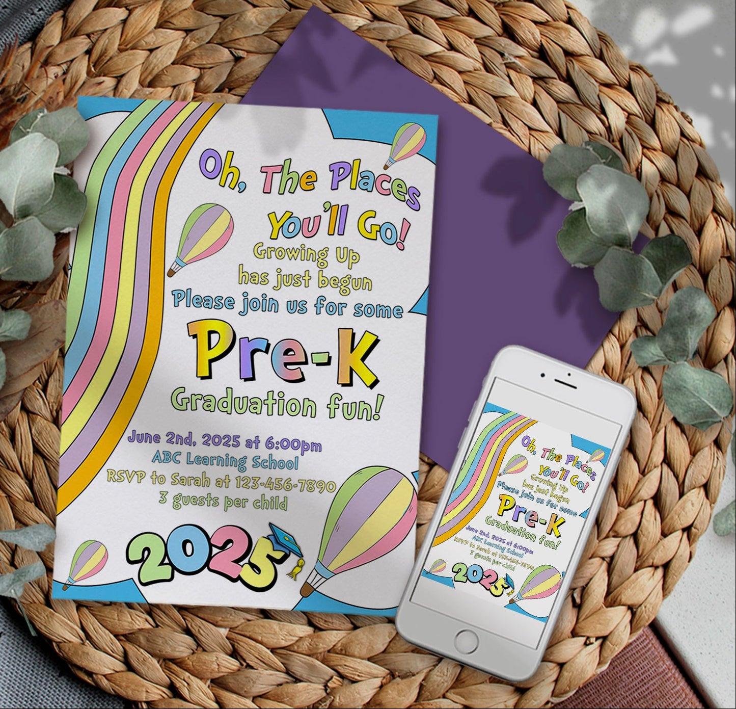 Graduation Invitation 2026 ANY GRADE, Preschool Kindergarten Pre-K, Rainbow Pastel, Printable Template, Corjl Instant Download, Editable