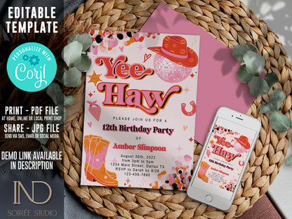 Pink Cowgirl Birthday Invitation | Yee Haw Rodeo Disco Cowgirl Theme | Editable Corjl Template | Printable Digital Download