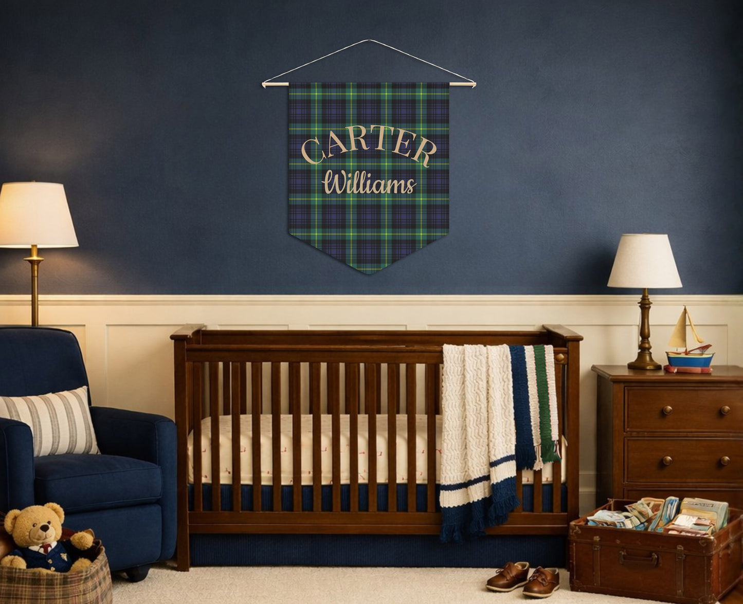Personalized Tartan Nursery Banner, Green & Navy Plaid Nursery Pennant, Baby Name Wall Banner, Preppy Baby Room Decor, Fabric Wall Hanging