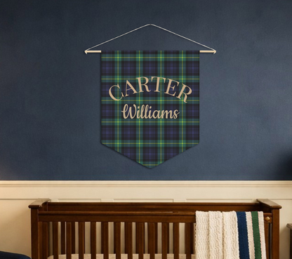 Personalized Tartan Nursery Banner, Green & Navy Plaid Nursery Pennant, Baby Name Wall Banner, Preppy Baby Room Decor, Fabric Wall Hanging