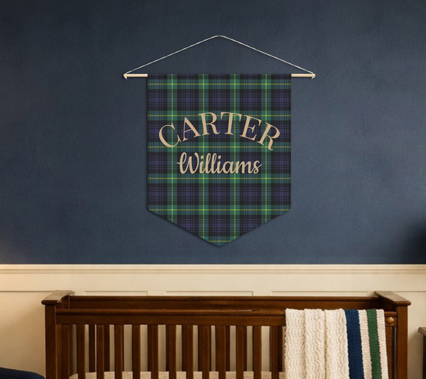 Personalized Tartan Nursery Banner, Green & Navy Plaid Nursery Pennant, Baby Name Wall Banner, Preppy Baby Room Decor, Fabric Wall Hanging