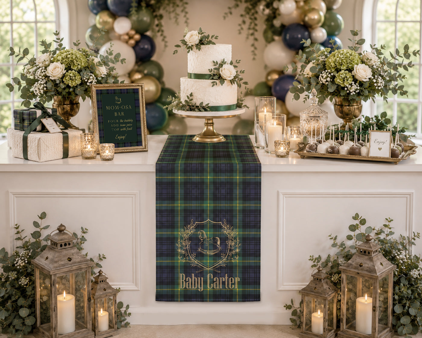 Personalized Rocking Horse Baby Shower Table Runner | Tartan Plaid Baby Shower Decor | Polo Sport Inspired Party Decorations